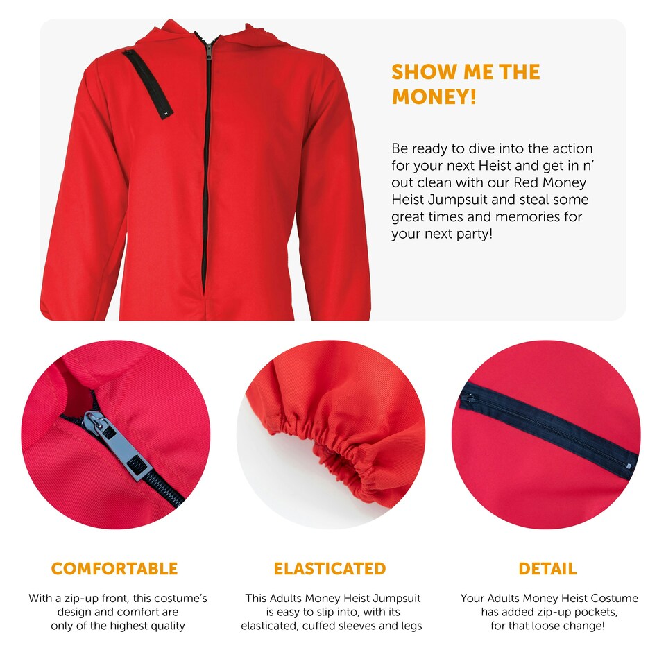 image 1 of Adults Red Jumpsuit with Hood Costume + Salvador Mask | Red | XL