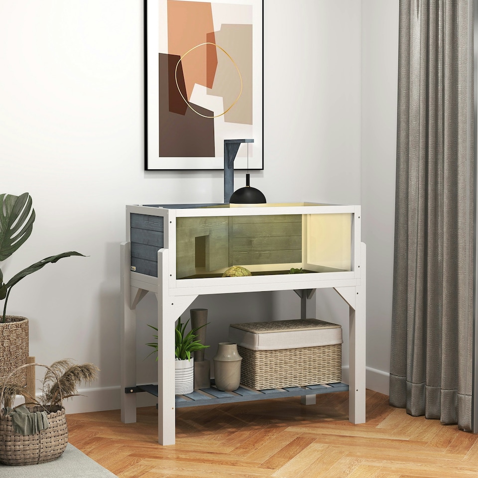 image 1 of PawHut Wooden Tortoise House with Storage Shelf, Clear Observation Windows