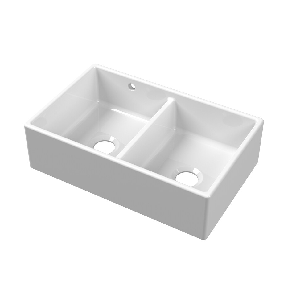 795mm - Fireclay Kitchen Double Bowl Butler Sink - Stepped Weir, Overflow