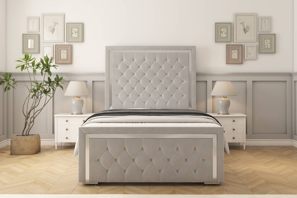 image 1 of Sloomy Sofia Chrome Silver Plush Bed Frame With Mattress With 50" Upholstered Headboard 4' Small Double