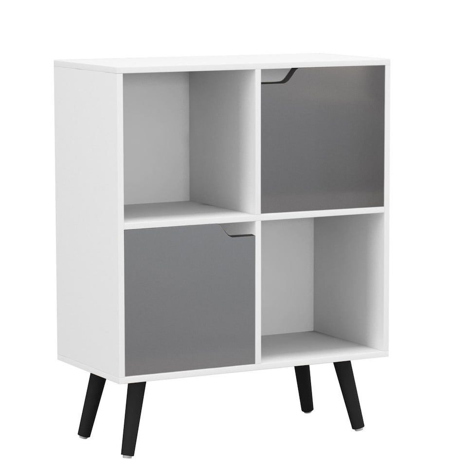 image 1 of White 4-Cube Storage Unit with 2 Wooden Doors and Legs | Grey | Grey & Black | 1