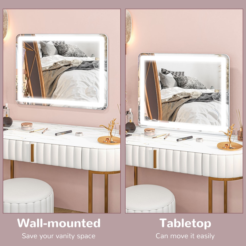 image 1 of HOMCOM Vanity Mirror with Lights, Large Lighted Makeup Mirror with 3 Colour Lighting Modes, 10X Magnifying, USB Charging Port, Touch Screen, Tabletop or Wall Mounted Design for Bedroom, White