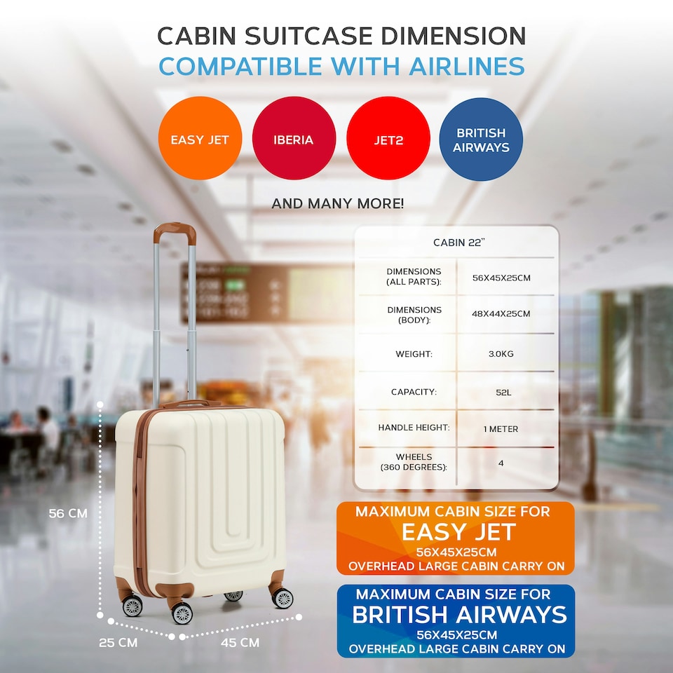 image 1 of Flight Knight Premium Hard Shell Lightweight Cabin Suitcase - 8 Spinner Wheels - Built-in TSA Lock & USB Port - easyJet Large Cabin Approved - 56x45x25cm Cream | Cream | Cabin Bag