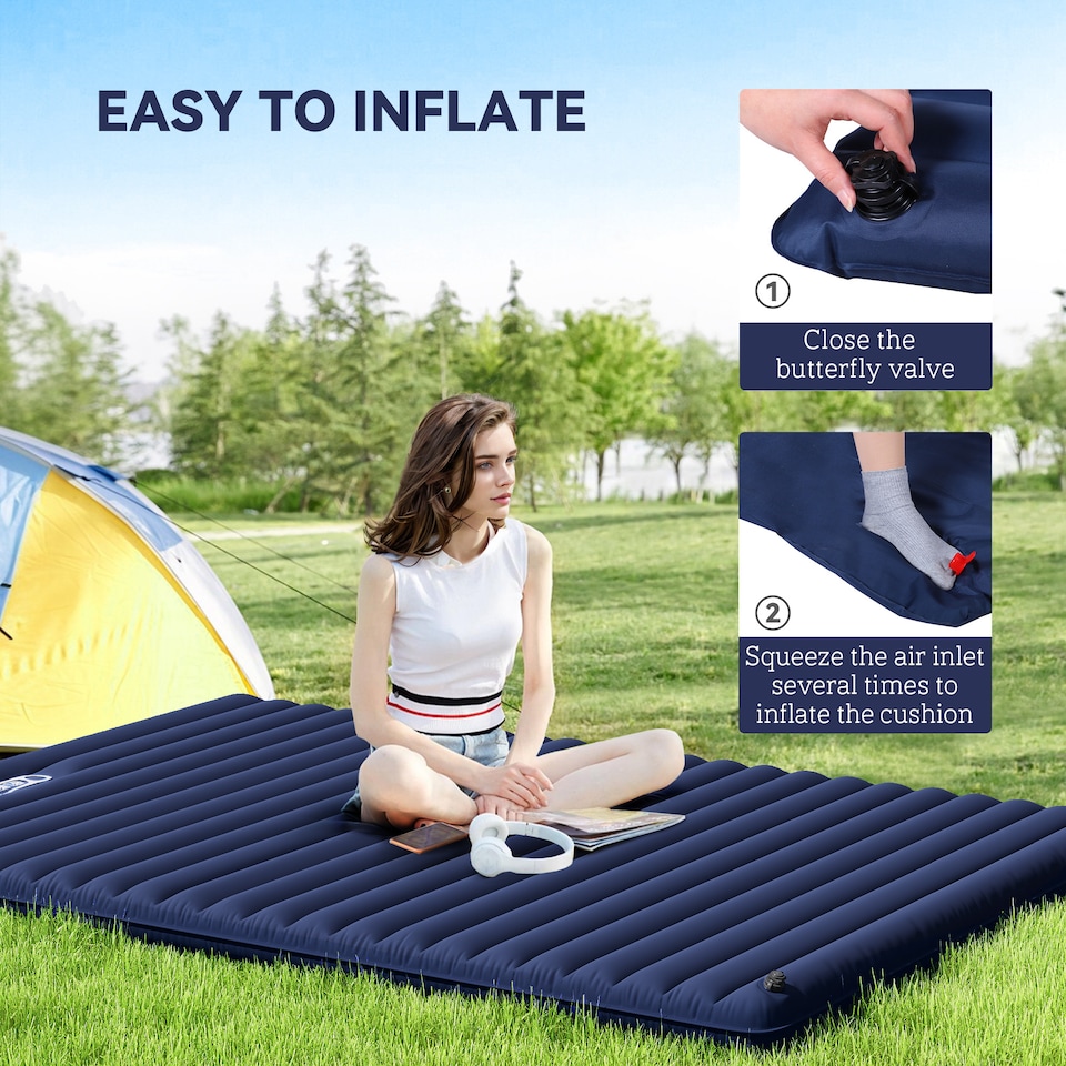 image 1 of Outsunny Portable Inflatable Camping Bed with Double Mattress Navy Blue