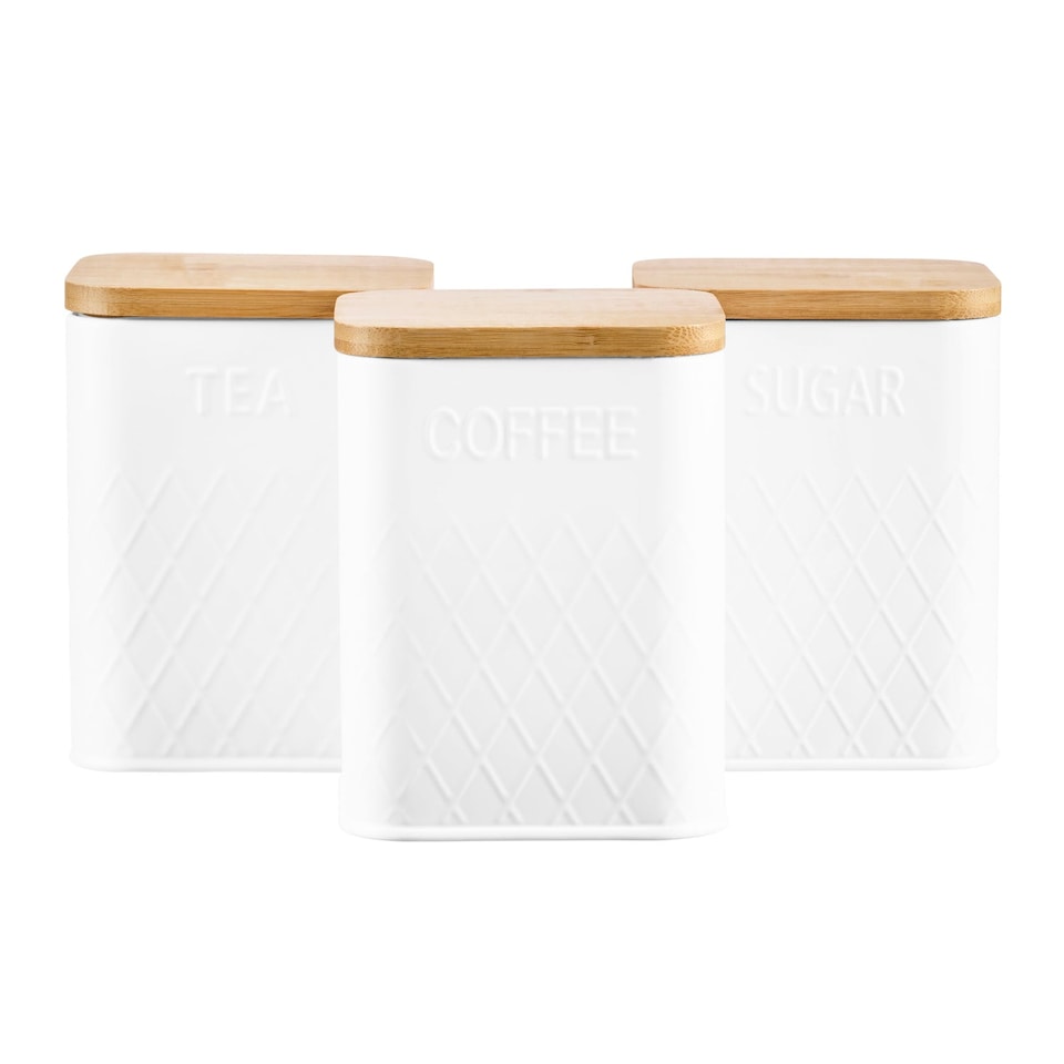 image 1 of Cooks Professional 3-Piece Square Tea Coffee Sugar Kitchen Storage Bins with Bamboo Lids | White | White | 3