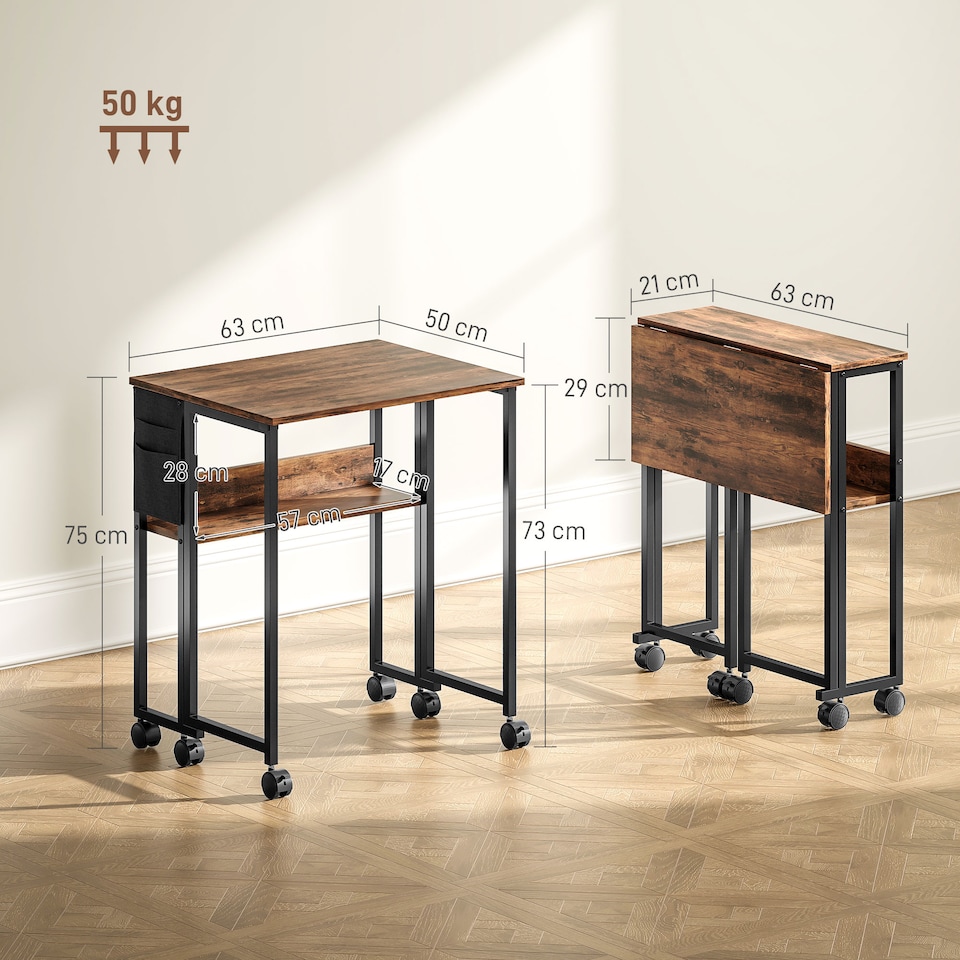 image 1 of HOMCOM Folding Desk with Storage Shelf and Bag, 63 cm Foldable Computer Desk for Small Spaces, Space Saving Writing Table on Wheels for Home Office, Bedroom, Easy Assembly, Rustic Brown | Brown