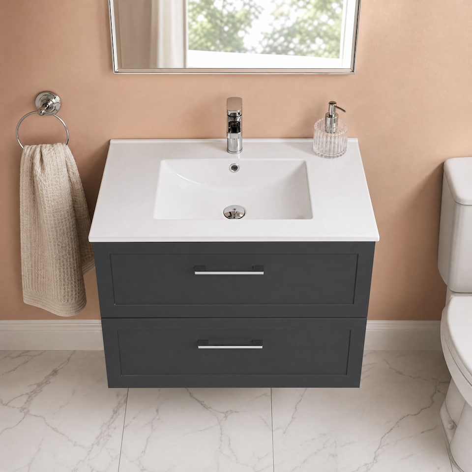 image 1 of Stonnall Traditional Wall Hung 2 Drawers Vanity Unit with Minimalist Ceramic Basin, 800mm, Dark Grey