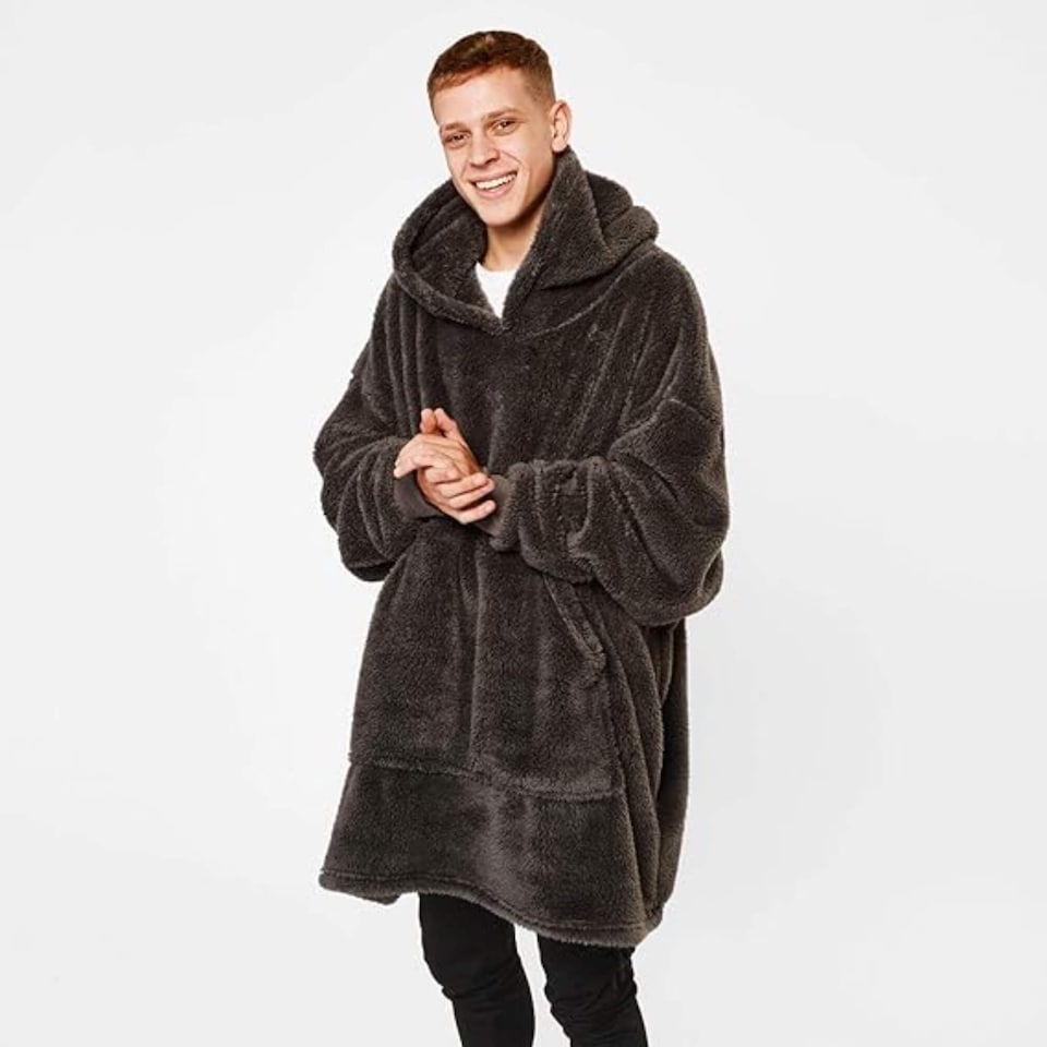 image 1 of Brentfords Oversized Teddy Fleece Wearable Hoodie Blanket Charcoal Grey