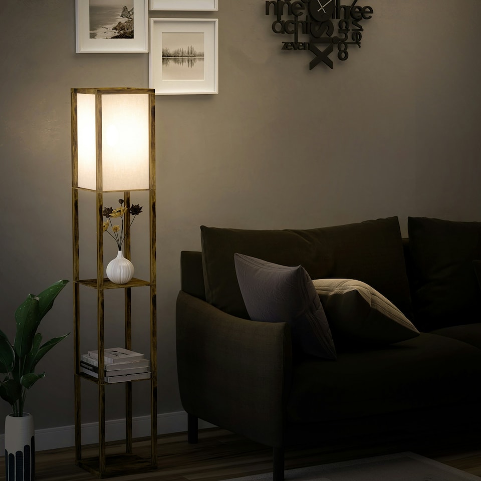 image 1 of HOMCOM Floor Lamp Reading Lamp with 3-Tier Storage Shelf for Home Office Brown