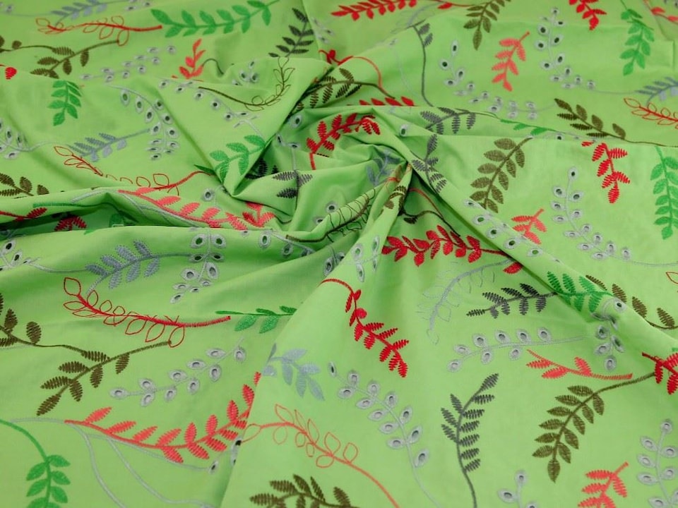 Green Embroidered Cotton Lawn Fabric for Dressmaking, 145cm / 57" Wide - per metre