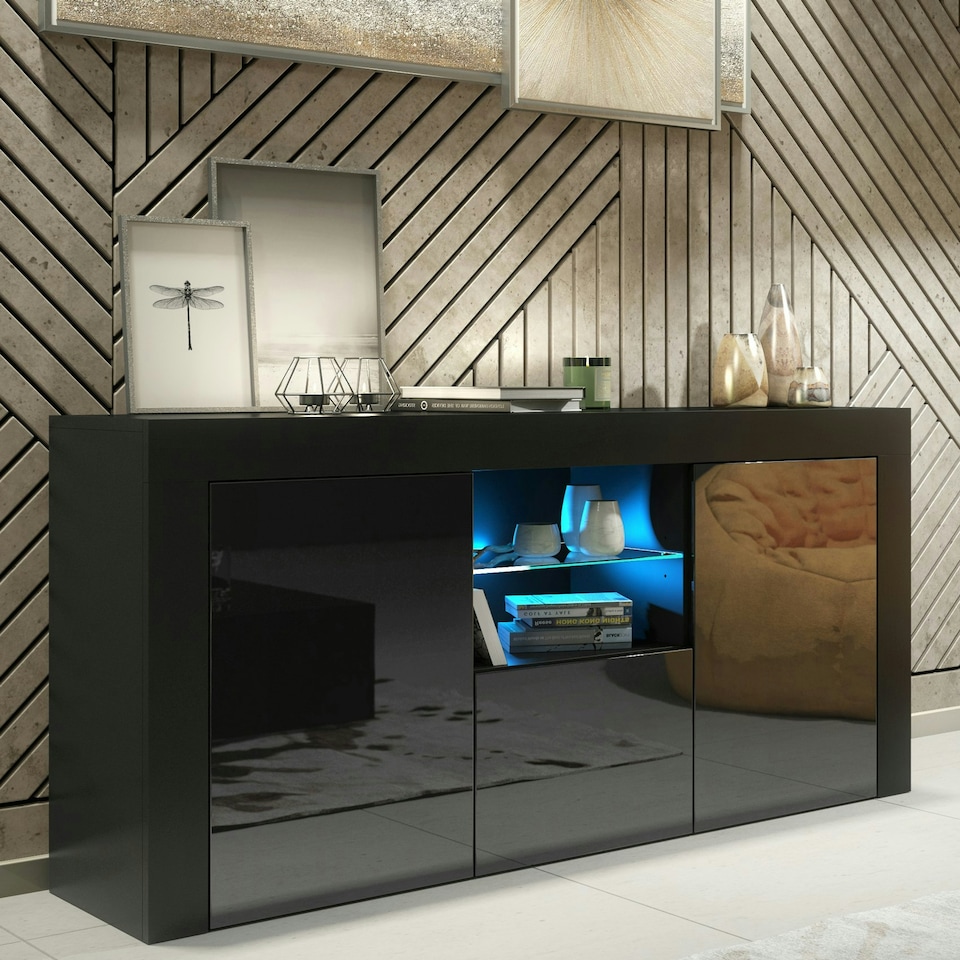 image 1 of Black TV Unit 145cm Gloss Doors Free LED Modern Media Cabinet Black