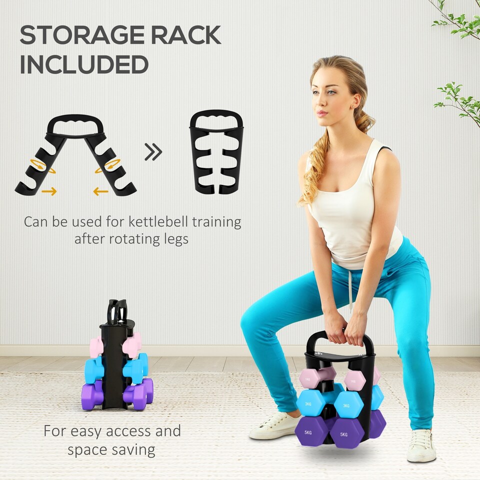 image 1 of SPORTNOW Dumbbells Set with Storage Rack, 2 x 1kg, 2 x 3kg, 2 x 5kg, Pink