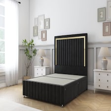 Sloomy Boston Gold Black Plush Divan Bed Base 2 Drawers Left Side With 54 Inch Floor Standing Headboard & 12 Inch Matching Footboard | Black | Black | Single | 1