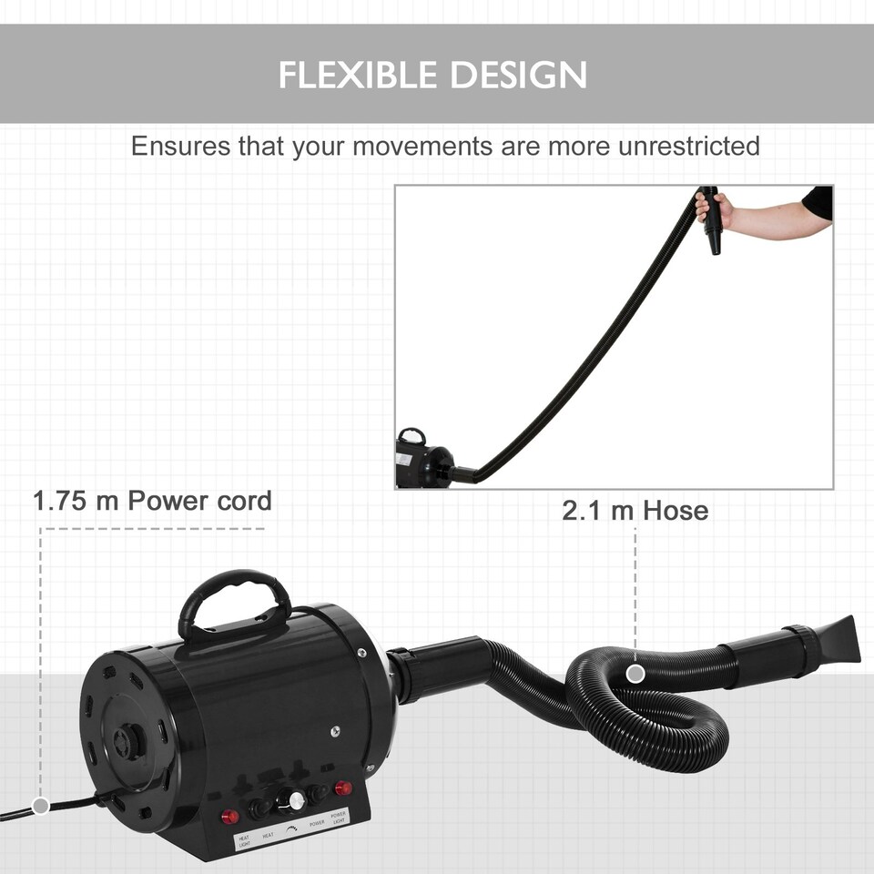 image 1 of PawHut 2800W Dog Hair Dryer Pet Grooming Blaster Blower Dryer 3 Nozzles, Black