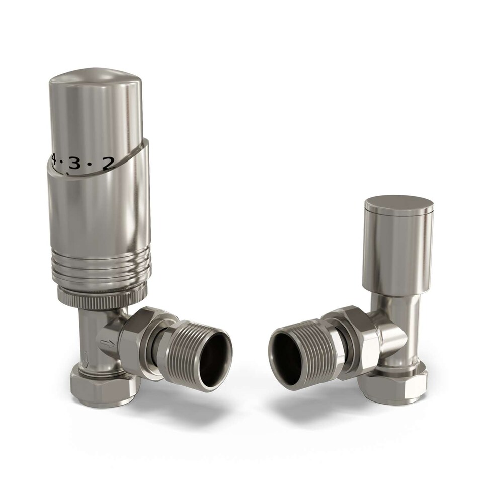 image 1 of Talus Bold Thermostatic Radiator Valve & Lockshield Angled - Silver Nickel - 15mm