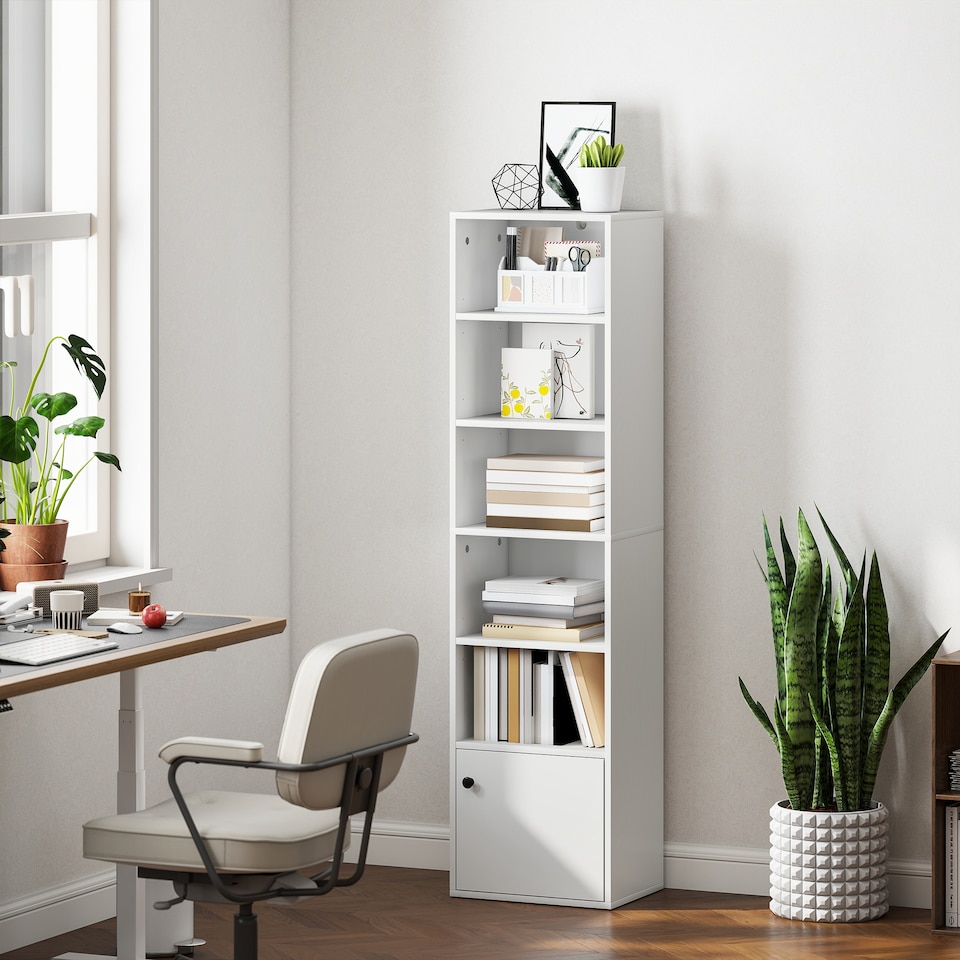 image 1 of HOMCOM Tall Bookcase, 6-Tier Narrow Bookshelf with 3 Adjustable Shelves and Cupboard, Modern Freestanding Shelving Unit for Living Room, Home Office, White