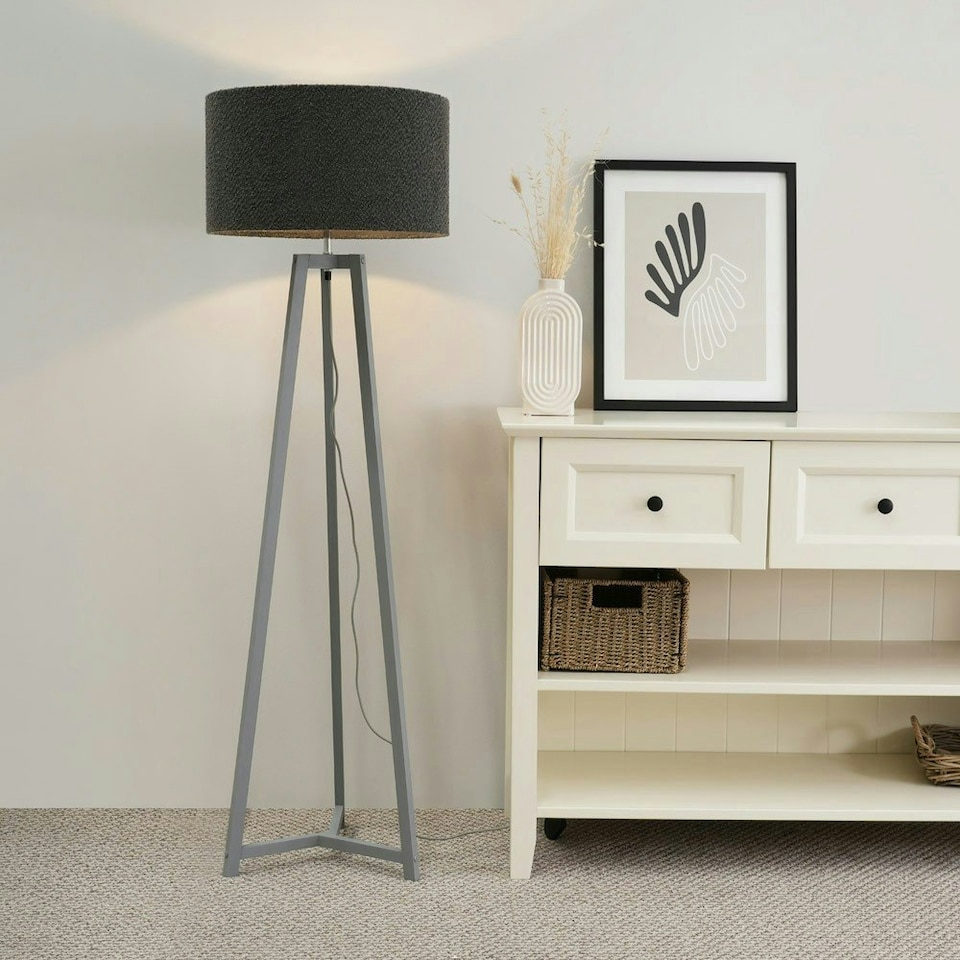 image 1 of ValueLights Lottie Grey Wood Tripod Floor Lamp with Charcoal Boucle Drum Shade
