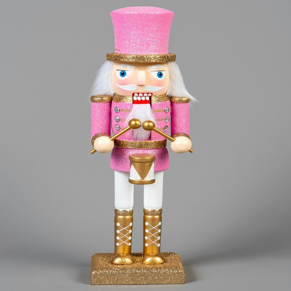 image 1 of 25cm Pink Wooden Nutcrackers Soldiers King Drummer Christmas Ornament 4pcs Set
