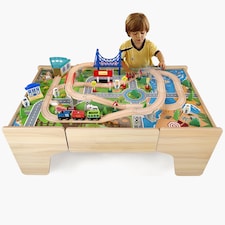 Hooga Kids Activity Table Including 80 Piece Wooden Train Playset | Brown
