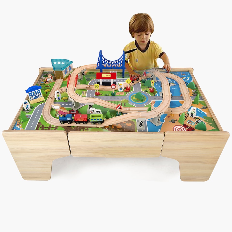 image 1 of Hooga Kids Activity Table Including 80 Piece Wooden Train Playset | Brown