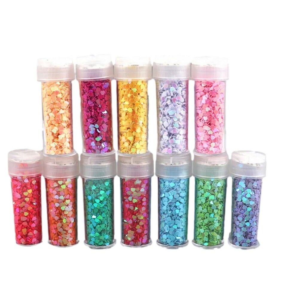 image 1 of Pack of 12 Assorted Colors Cosmetic Puff Heart Shape Glitter 7g