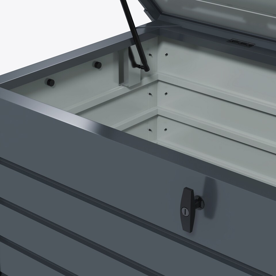 image 1 of Outsunny 331 Litre Garden Storage Box, Waterproof Outdoor Storage Box with Wheels and Handles, Lockable Galvanised Steel Outside Deck Box Organiser for Tools, Cushions, Dark Grey