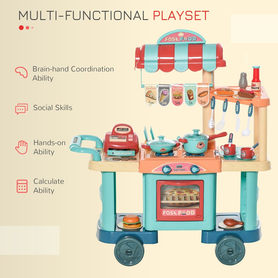 image 1 of HOMCOM 50 Pcs Kids Kitchen Play set Pretend Trolley Cart Toys for Age 3-6
