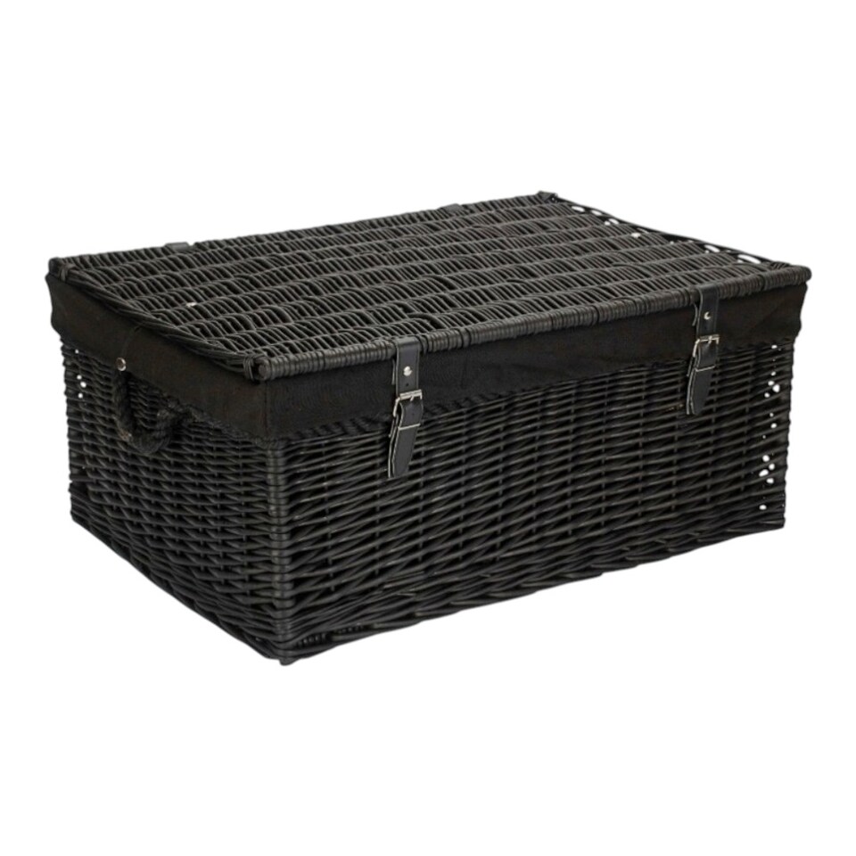 image 1 of 67cm Black Wicker Rope Handled Black Cotton Lined Picnic Basket | Black | Black | One Size