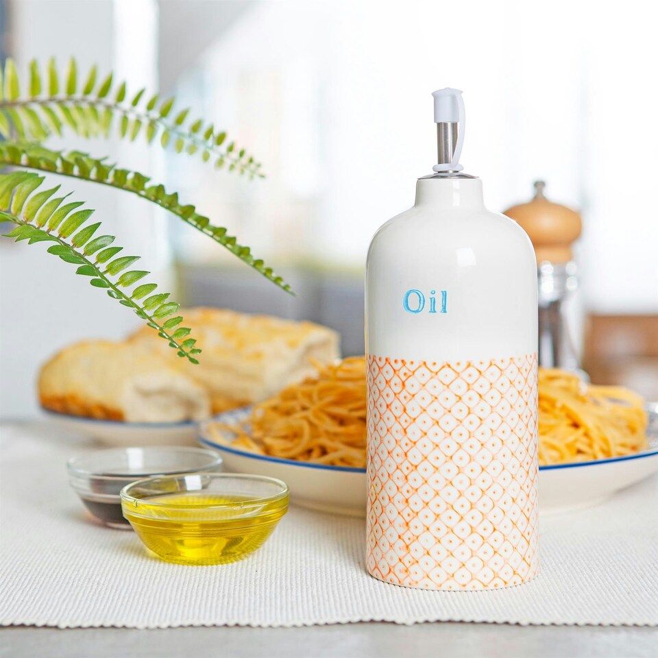 image 1 of Nicola Spring Hand-Printed Olive Oil Pourer Bottle - 500ml - Orange