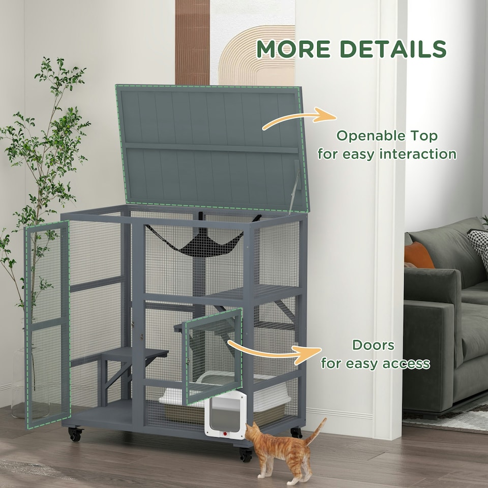 image 1 of PawHut Indoor Catio Cat House on Wheels with Platforms, Hammock