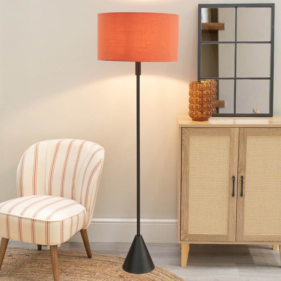 image 1 of ValueLights Mitch Rust Fabric Shade Black Wood Single Stem Triangle Floor Lamp | Black