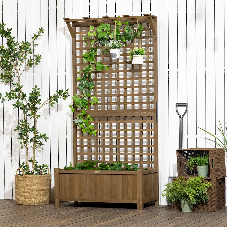 image 1 of Outsunny Wood Planter with Trellis for Climbing Plants Vines Planter Box Brown