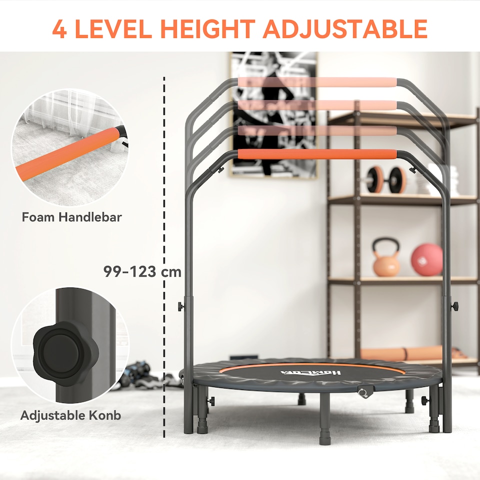 image 1 of HOMCOM 48" Foldable Mini Trampoline Fitness Trampoline Rebounder for Adults with Adjustable Foam Handle, for Indoors, Outdoors, Cardio Training, Orange | Orange