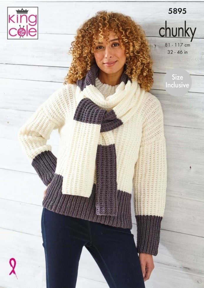 King Cole Wildwood Chunky Knitting Pattern 5895, Sweaters and Scarves for Women - 32 - 46 Inches