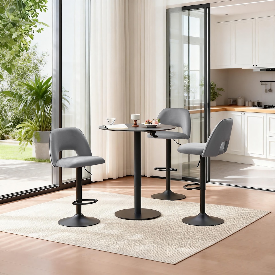 image 1 of SONARA Set of 3 Adjustable Velvet Upholstered Breakfast Bar Stools | Grey