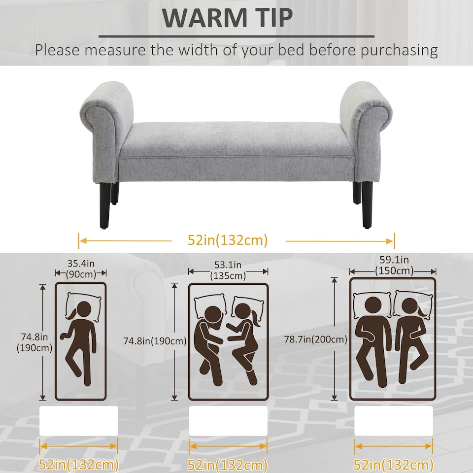 image 1 of HOMCOM Deluxe Linen Bed End Arm Bench Bedside Bench Footstool Home Decor