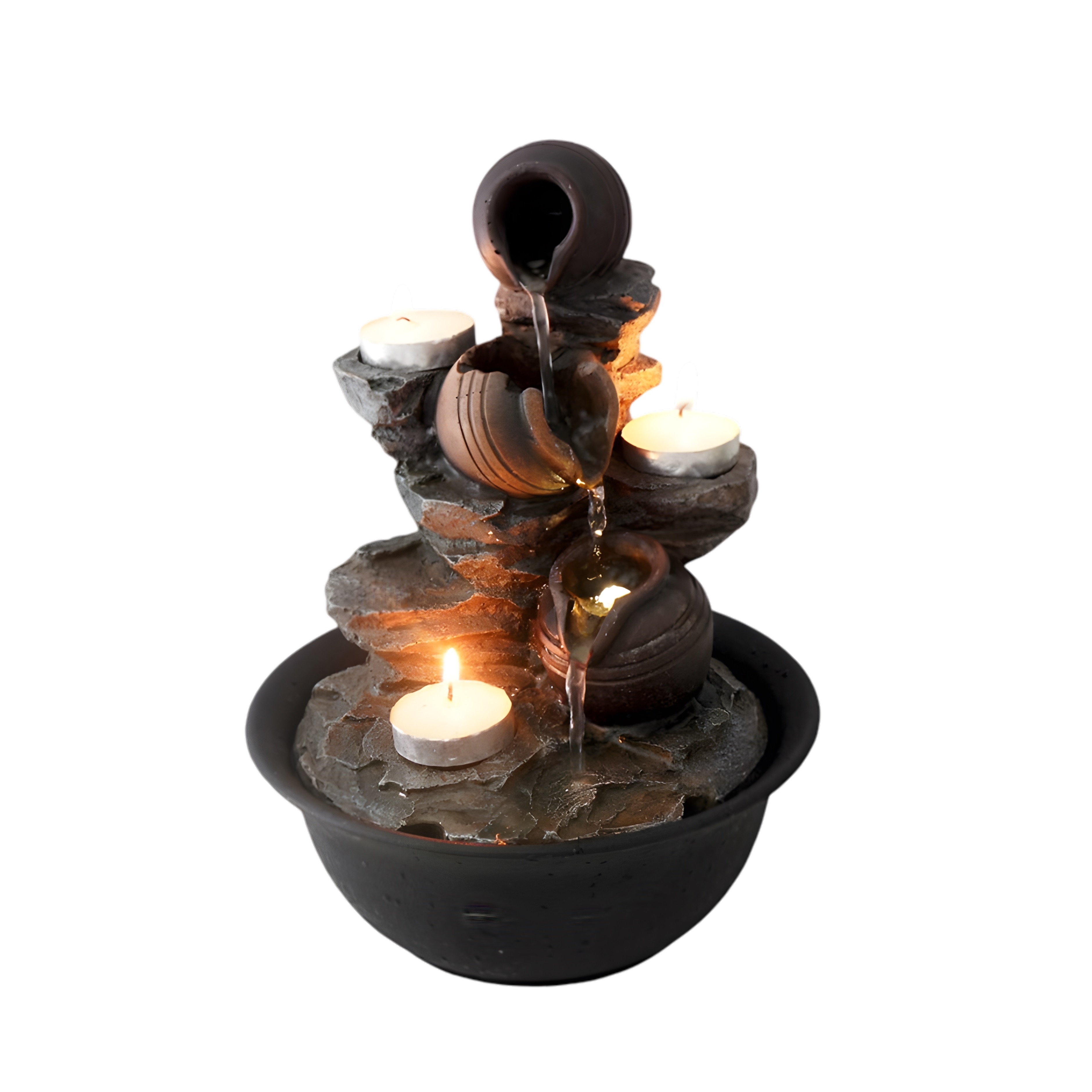 Primrose Tabletop Cascading Pots Design Garden Water Feature with LED Lights 19cm in Brown