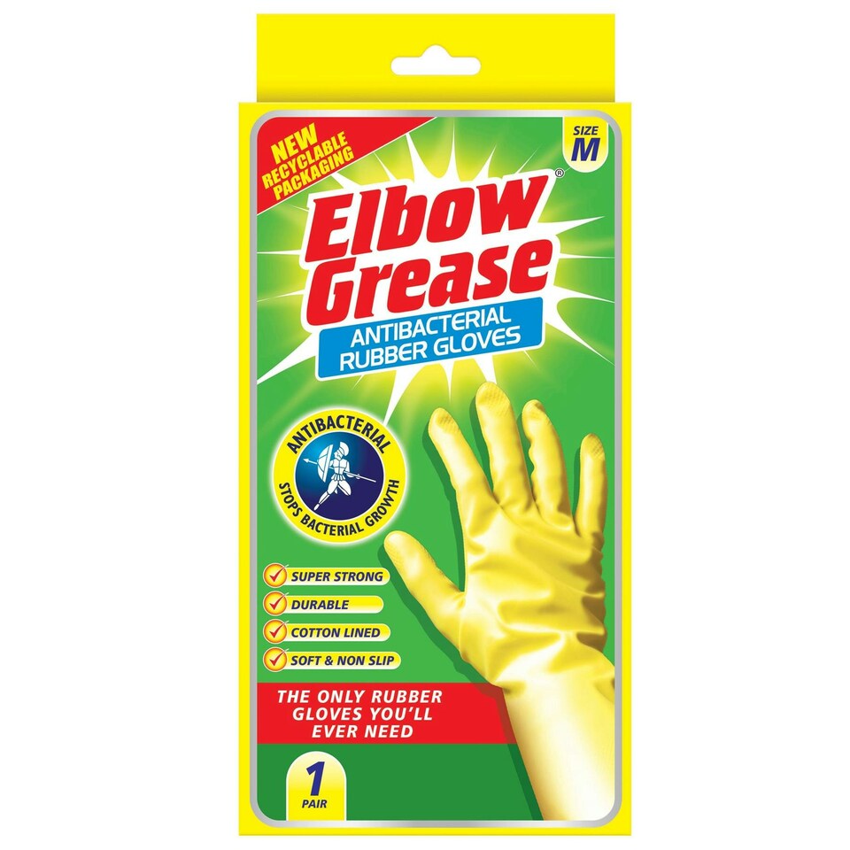 Elbow Grease Anti-Bacterial Rubber Cleaning Gloves - Medium - Yellow Yellow