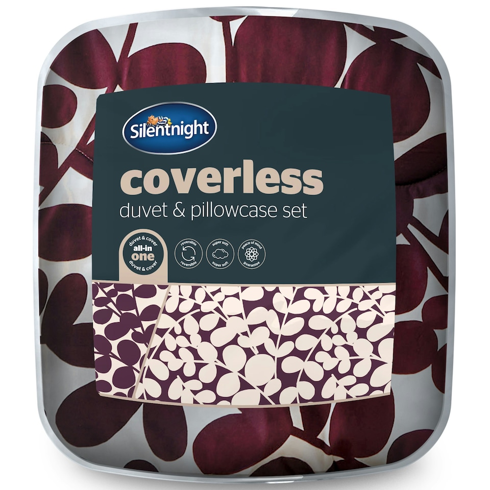 image 1 of Silentnight Coverless 10.5 Tog Duvet and Pillowcase Set, Leaf Print | Purple | Single