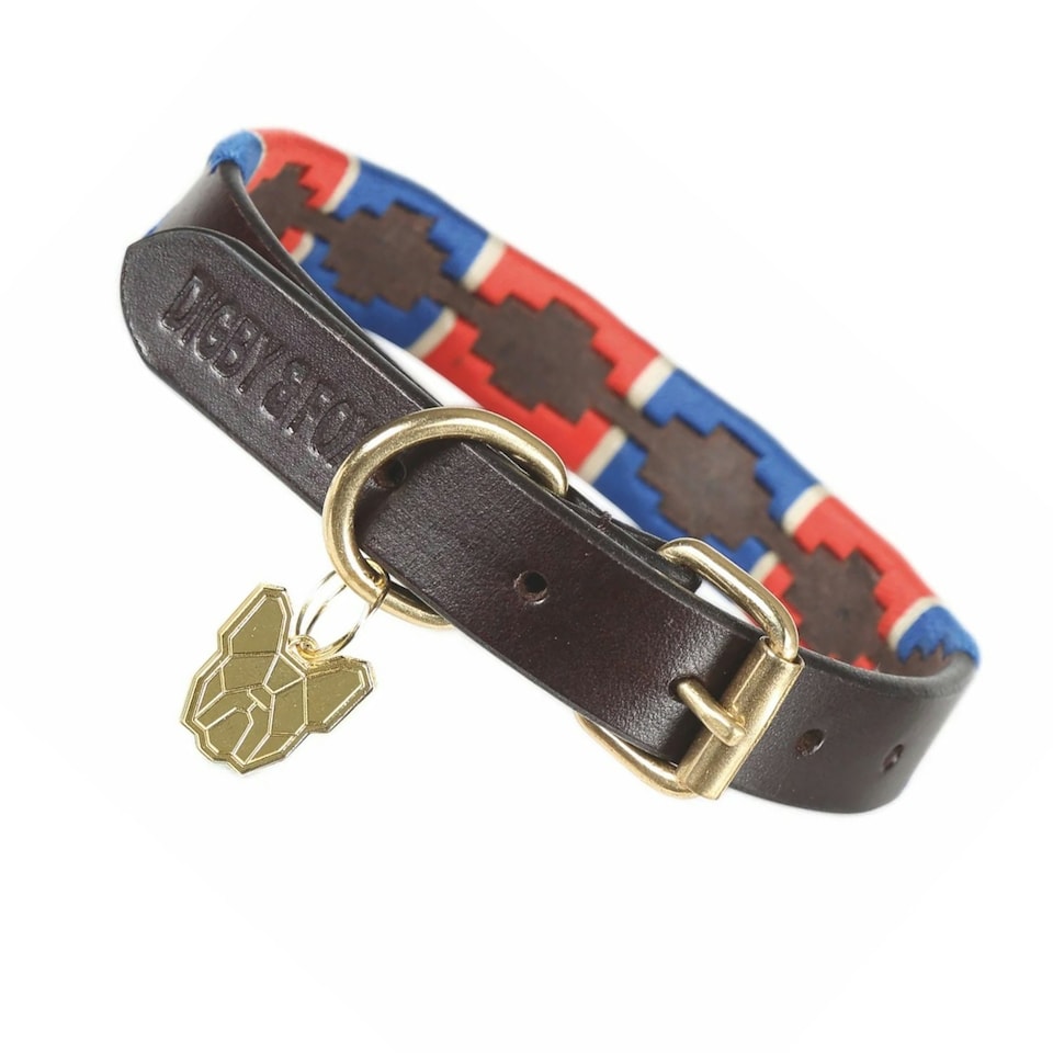 image 1 of Digby & Fox Drover Polo Leather Dog Collar - Navy/Red - 3XS
