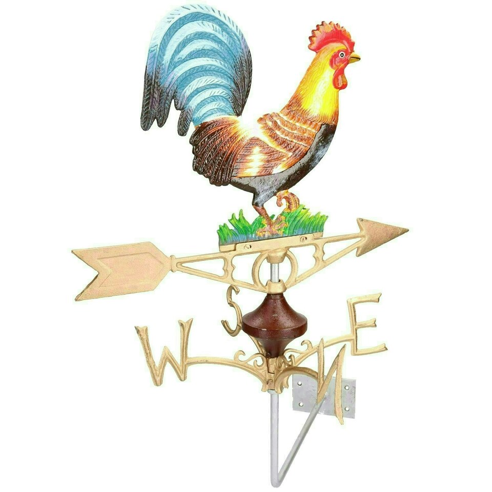 image 1 of Cockerel Chicken Hen Weather Vane Vain Wall Mount Gold House Roof Cast Iron