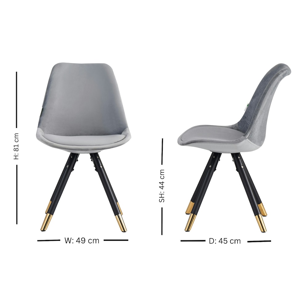 image 1 of Set of 2 Sofia Ergonomic Modern Dining Chairs Upholstered in Velvet, Metal Legs with Gold End Tips | Grey | Light Grey