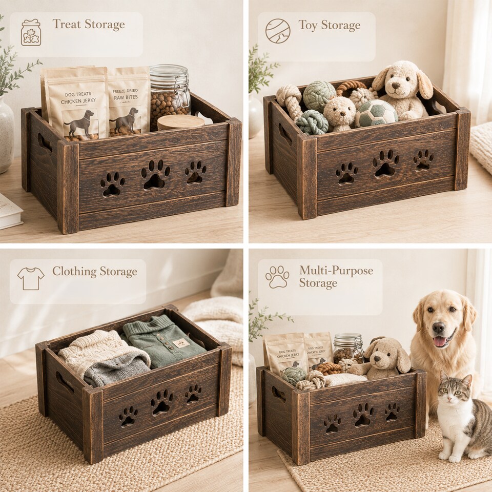 image 1 of Paw Shaped Cutout Dog Toys Chest Gift Hampers Storage Collection Box Wooden Crates Gift Hampers (Brown, Large)