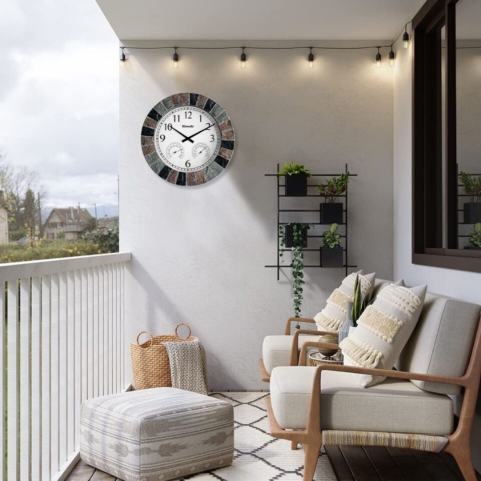 image 1 of 13.5" Faux Slate Waterproof Indoor/Outdoor Wall Clock with Thermometer & Hygrometer
