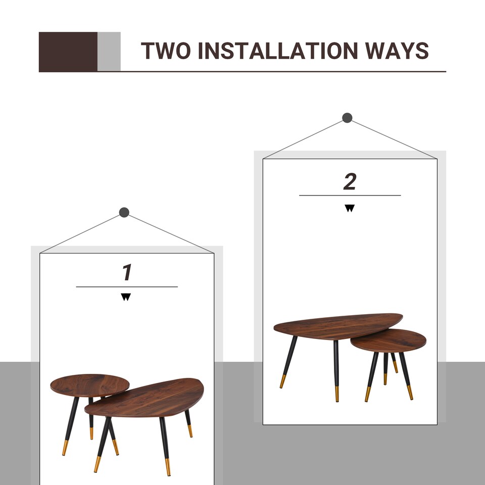 image 1 of HOMCOM Coffee Table Set of 2, Nesting Coffee End Tables with Modern Decor, Side Table Triangle Occasional Stand Tea Table for Living Room Home and Office, Walnut | Yellow