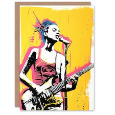 Female Punk Music Guitarist Portrait Yellow Him Her Birthday Card
