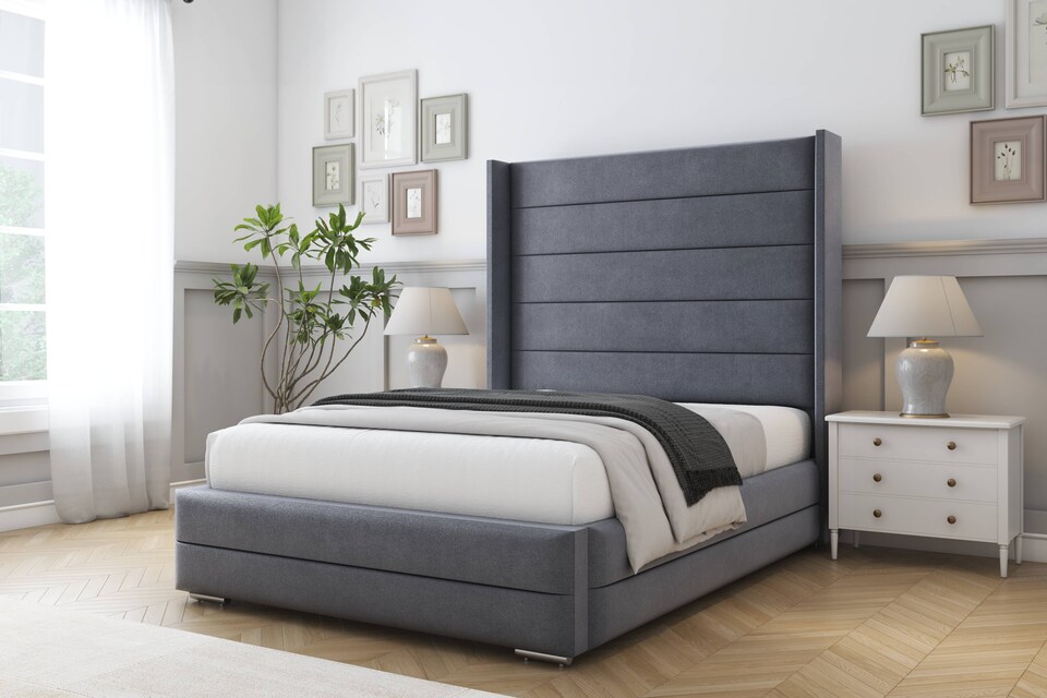 image 1 of Sloomy Sterling Steel Plush Bed Frame With Mattress With 50"  Upholstered Wingback Headboard 3' Single
