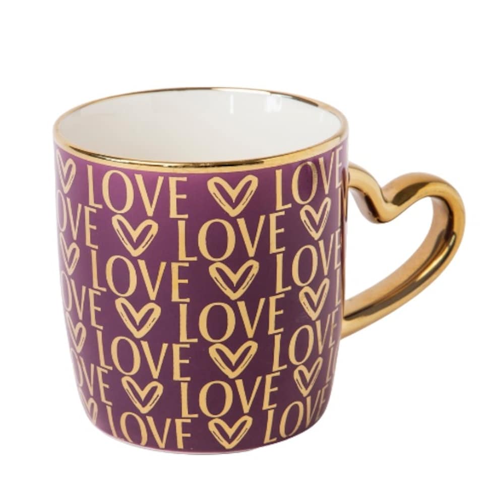 image 1 of Heart Handle Ceramic Mug with Gold Heart Handle 350ml | Pink | Rose Pink | 350ml | 1
