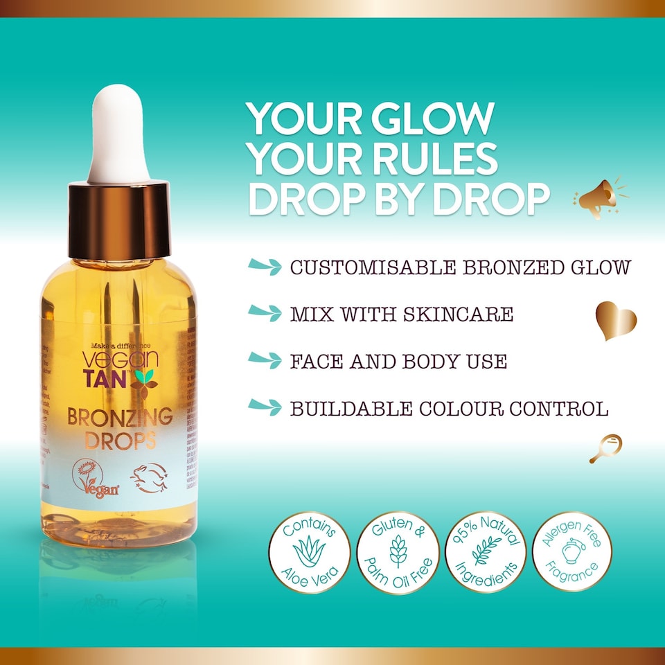 image 1 of VeganTan Mix-In Bronzing Drops for Sun-Kissed, Buildable Tan, Self Tanning Drops for Face and Body, Boosts Skins Glow and Hydration, Suitable for All Skin Tones 50ml