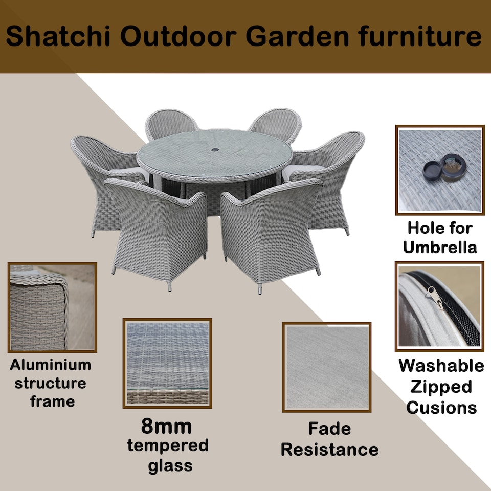 image 1 of Sorrento 6-Seater Rattan Dining Set, Round Garden Table with Chairs, Outdoor Patio Furniture Set